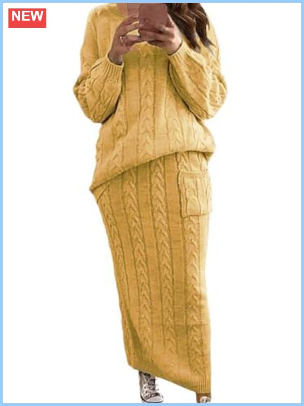 Chunky Cable Knit 2-Piece Sweater Skirt Set Pullover Long Sleeve Women's Outfit
